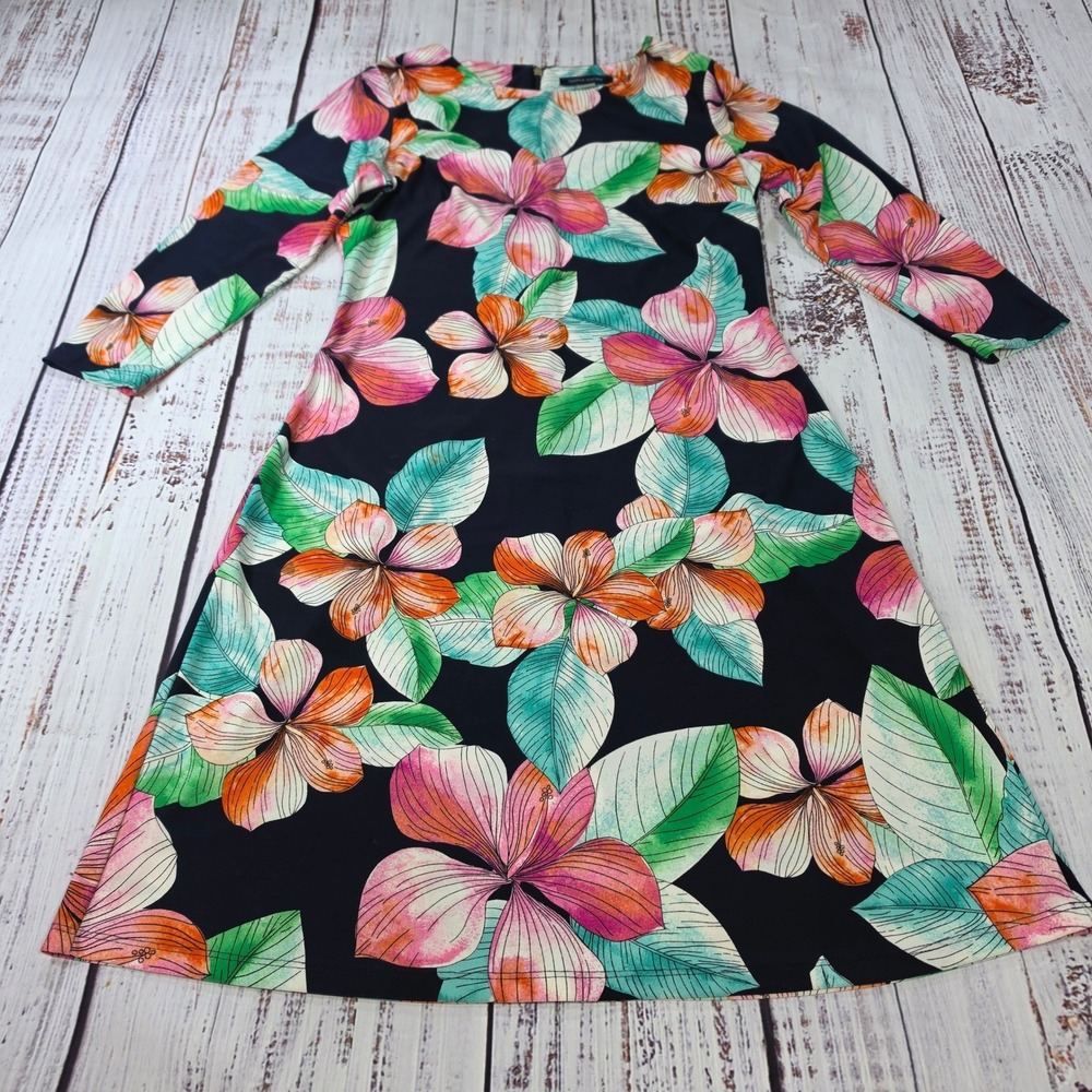 Tommy Hilfiger Sheath Dress Womens 8 Navy Blue Excellent Tropical Floral 3/4 Slv